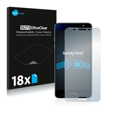 Front side of a product packaging with the brand logo Savvies. Next to it is the device Samsung Galaxy J5 2016 shown with the 