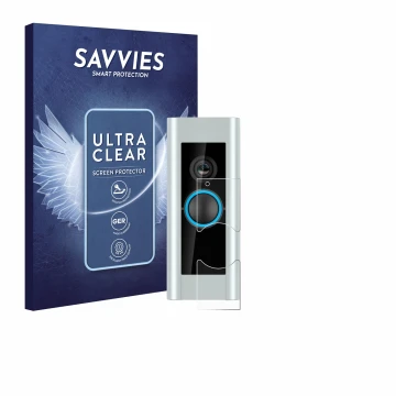 Front side of a product packaging with the brand logo Savvies. Next to it is the device Ring Video Doorbell Pro (Version 2) sh