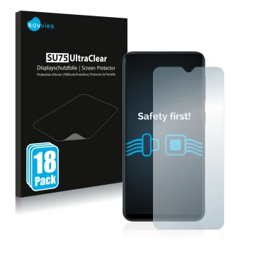 Front side of a product packaging with the brand logo Savvies. Next to it is the device Samsung Galaxy A10 shown with the corr