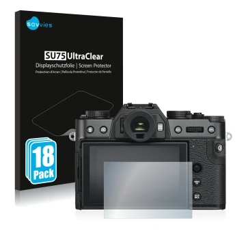 Front side of a product packaging with the brand logo Savvies. Next to it is the device Fujifilm X-T30 shown with the correspo