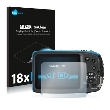 Front side of a product packaging with the brand logo Savvies. Next to it is the device Fujifilm FinePix XP140 shown with the 