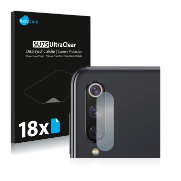 Front side of a product packaging with the brand logo Savvies. Next to it is the device Xiaomi Mi 9 SE (ONLY Camera Lens) show