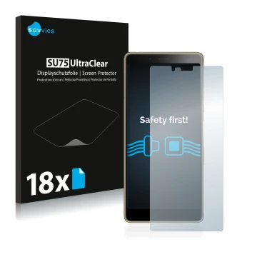 Front side of a product packaging with the brand logo Savvies. Next to it is the device Sony Xperia L3 shown with the correspo