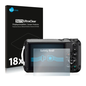 Front side of a product packaging with the brand logo Savvies. Next to it is the device Ricoh WG-6 shown with the correspondin