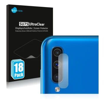 Front side of a product packaging with the brand logo Savvies. Next to it is the device Samsung Galaxy A50 (ONLY Camera Lens) 