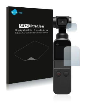 Front side of a product packaging with the brand logo Savvies. Next to it is the device DJI Osmo Pocket (Display + Lens) shown