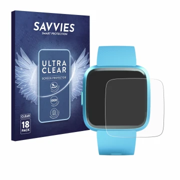 Front side of a product packaging with the brand logo Savvies. Next to it is the device Fitbit Versa Lite Edition shown with t
