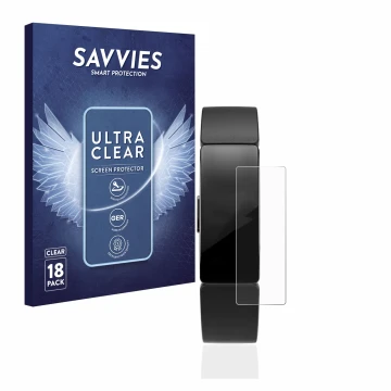 Front side of a product packaging with the brand logo Savvies. Next to it is the device Fitbit Inspire HR shown with the corre