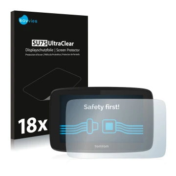 Front side of a product packaging with the brand logo Savvies. Next to it is the device TomTom GO Essential (5