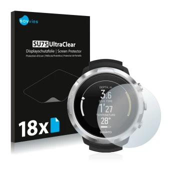 Front side of a product packaging with the brand logo Savvies. Next to it is the device Suunto D6 Support shown with the corre