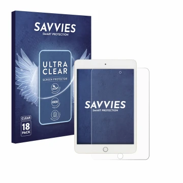 Front side of a product packaging with the brand logo Savvies. Next to it is the device Apple iPad Mini 5 2019 (5th. Gen.) sho