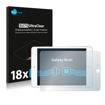 Front side of a product packaging with the brand logo Savvies. Next to it is the device Apple iPad Mini 5 2019 (Landscape, 5th