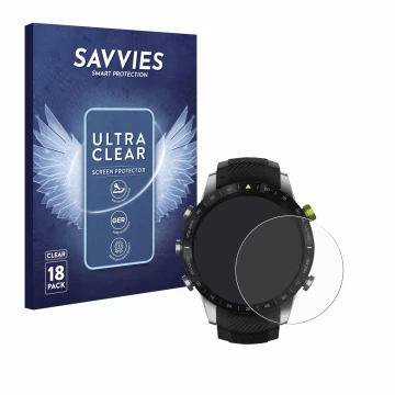 Front side of a product packaging with the brand logo Savvies. Next to it is the device Garmin Marq Athlete shown with the cor