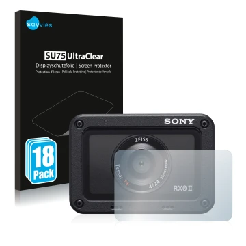 Front side of a product packaging with the brand logo Savvies. Next to it is the device Sony DSC-RX0M2 (RX0 II) (Lens) shown w