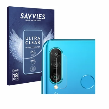 Front side of a product packaging with the brand logo Savvies. Next to it is the device Huawei P30 lite (ONLY Camera Lens) sho