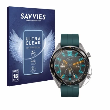 Front side of a product packaging with the brand logo Savvies. Next to it is the device Huawei Watch GT Active shown with the 