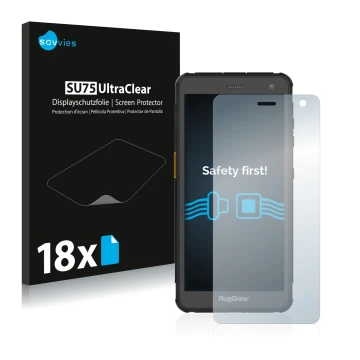 Front side of a product packaging with the brand logo Savvies. Next to it is the device RugGear RG655 shown with the correspon