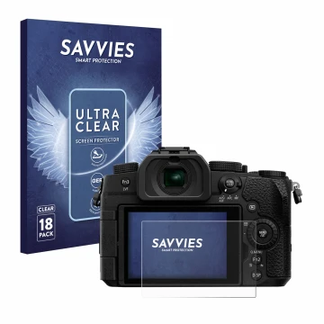 Front side of a product packaging with the brand logo Savvies. Next to it is the device Panasonic Lumix DC-G91 shown with the 
