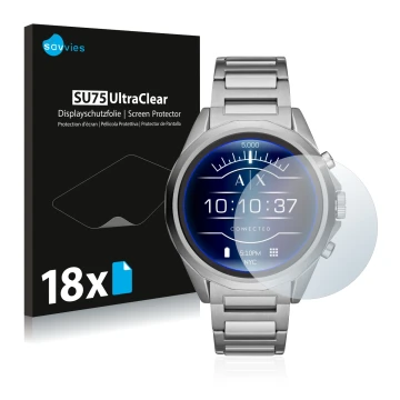 Front side of a product packaging with the brand logo Savvies. Next to it is the device Emporio Armani Connected Exchange AXT2