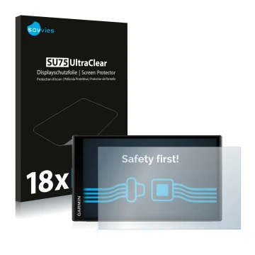 Front side of a product packaging with the brand logo Savvies. Next to it is the device Garmin Camper 780 shown with the corre