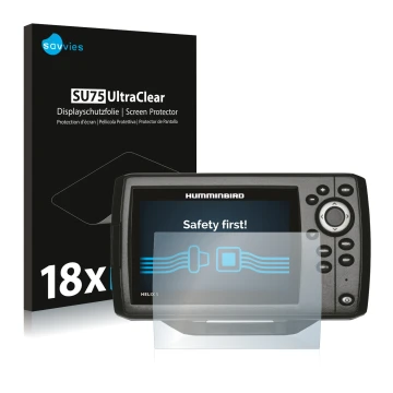Front side of a product packaging with the brand logo Savvies. Next to it is the device Humminbird Helix 5 shown with the corr