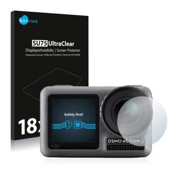 Front side of a product packaging with the brand logo Savvies. Next to it is the device DJI Osmo Action (Lens) shown with the 
