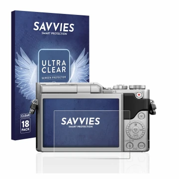 Front side of a product packaging with the brand logo Savvies. Next to it is the device Panasonic Lumix DC-GX880 shown with th