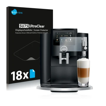 Front side of a product packaging with the brand logo Savvies. Next to it is the device Jura S8 shown with the corresponding s