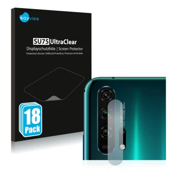 Front side of a product packaging with the brand logo Savvies. Next to it is the device Honor 20 Pro (ONLY Camera Lens) shown 