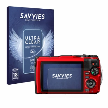 Front side of a product packaging with the brand logo Savvies. Next to it is the device Olympus Tough TG-6 shown with the corr