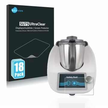 Front side of a product packaging with the brand logo Savvies. Next to it is the device Vorwerk Bimby TM6 shown with the corre