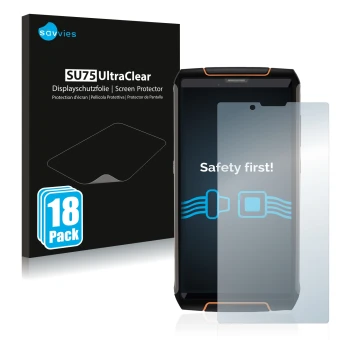 Front side of a product packaging with the brand logo Savvies. Next to it is the device Cubot King Kong 3 shown with the corre