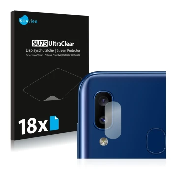 Front side of a product packaging with the brand logo Savvies. Next to it is the device Samsung Galaxy A20e (ONLY Camera Lens)