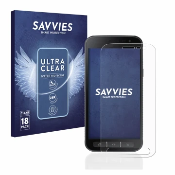 Front side of a product packaging with the brand logo Savvies. Next to it is the device Samsung Galaxy XCover 4s shown with th