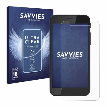 Front side of a product packaging with the brand logo Savvies. Next to it is the device Shiftphones Shift5me shown with the co