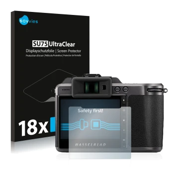 Front side of a product packaging with the brand logo Savvies. Next to it is the device Hasselblad X1D II 50C shown with the c