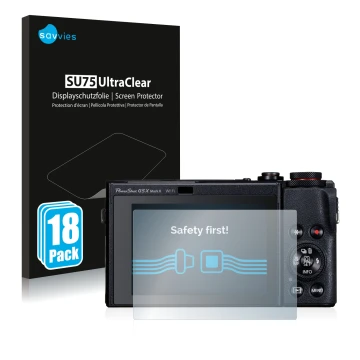 Front side of a product packaging with the brand logo Savvies. Next to it is the device Canon PowerShot G5 X Mark II shown wit