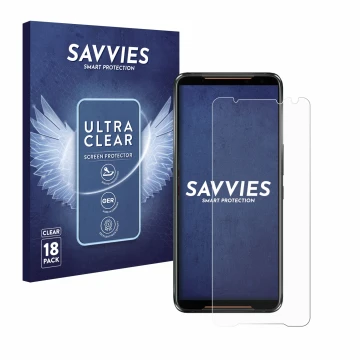 Front side of a product packaging with the brand logo Savvies. Next to it is the device ASUS ROG Phone 2 shown with the corres