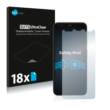 Front side of a product packaging with the brand logo Savvies. Next to it is the device Google Pixel 4 shown with the correspo