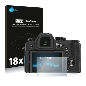 Front side of a product packaging with the brand logo Savvies. Next to it is the device Leica V-LUX 5 shown with the correspon