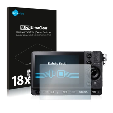 Front side of a product packaging with the brand logo Savvies. Next to it is the device Sigma FP shown with the corresponding 