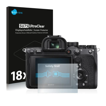 Front side of a product packaging with the brand logo Savvies. Next to it is the device Sony Alpha 7R IV shown with the corres