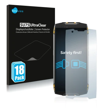Front side of a product packaging with the brand logo Savvies. Next to it is the device Blackview BV6800 Pro shown with the co