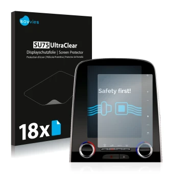 Front side of a product packaging with the brand logo Savvies. Next to it is the device Renault Espace R-Link 2 8.7