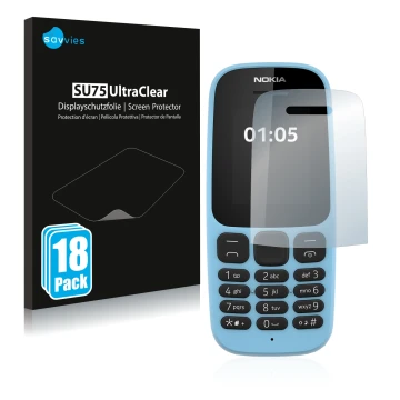 Front side of a product packaging with the brand logo Savvies. Next to it is the device Nokia 105 2019 shown with the correspo