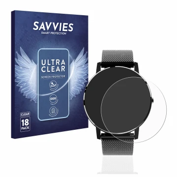 Front side of a product packaging with the brand logo Savvies. Next to it is the device Holalei Fitness Tracker 1.3