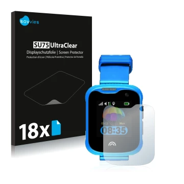 Front side of a product packaging with the brand logo Savvies. Next to it is the device KiDSnav Ultra shown with the correspon