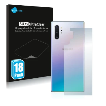 Front side of a product packaging with the brand logo Savvies. Next to it is the device Samsung Galaxy Note 10 Plus (Back) sho