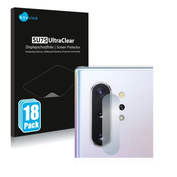 Front side of a product packaging with the brand logo Savvies. Next to it is the device Samsung Galaxy Note 10 Plus (ONLY Came