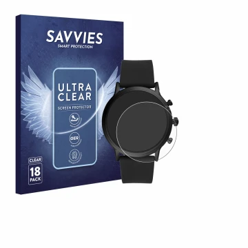 Front side of a product packaging with the brand logo Savvies. Next to it is the device Fossil The Carlyle HR (5.Gen) shown wi